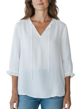 J. JILL 100% Linen 3/4 Roll-tab Sleeves in White Size L— Coastal / Natural Fiber